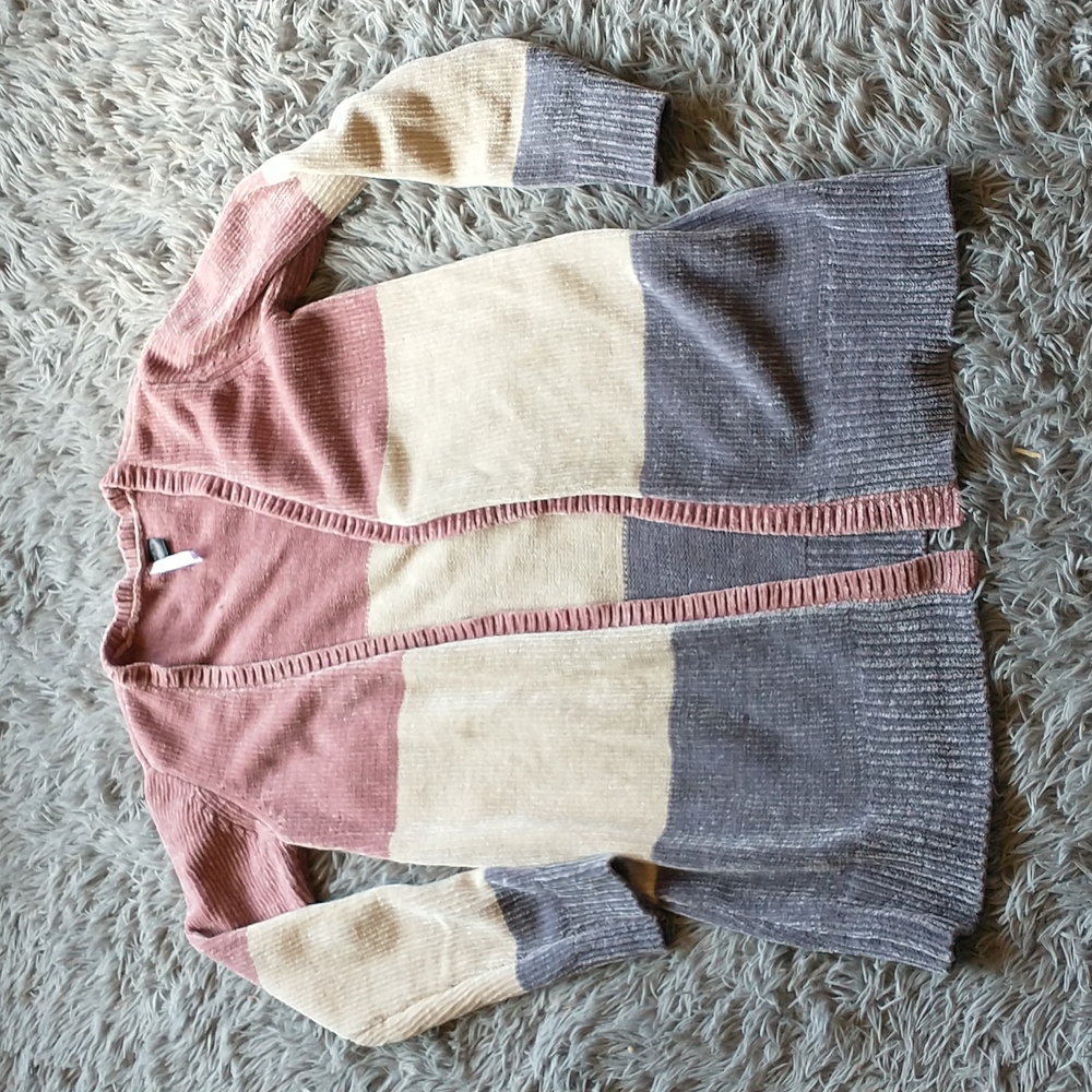 Soft Plushy Striped Knit Sweater Knee Length Cardigan